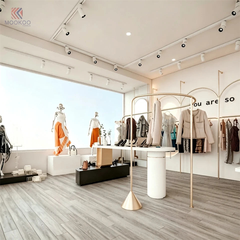 MOOKOO Customized Modern Minimalist Gold Varnish Metal Clothing Display Rack Floor Standing Garment Merchandising Shelf Boutique high quality