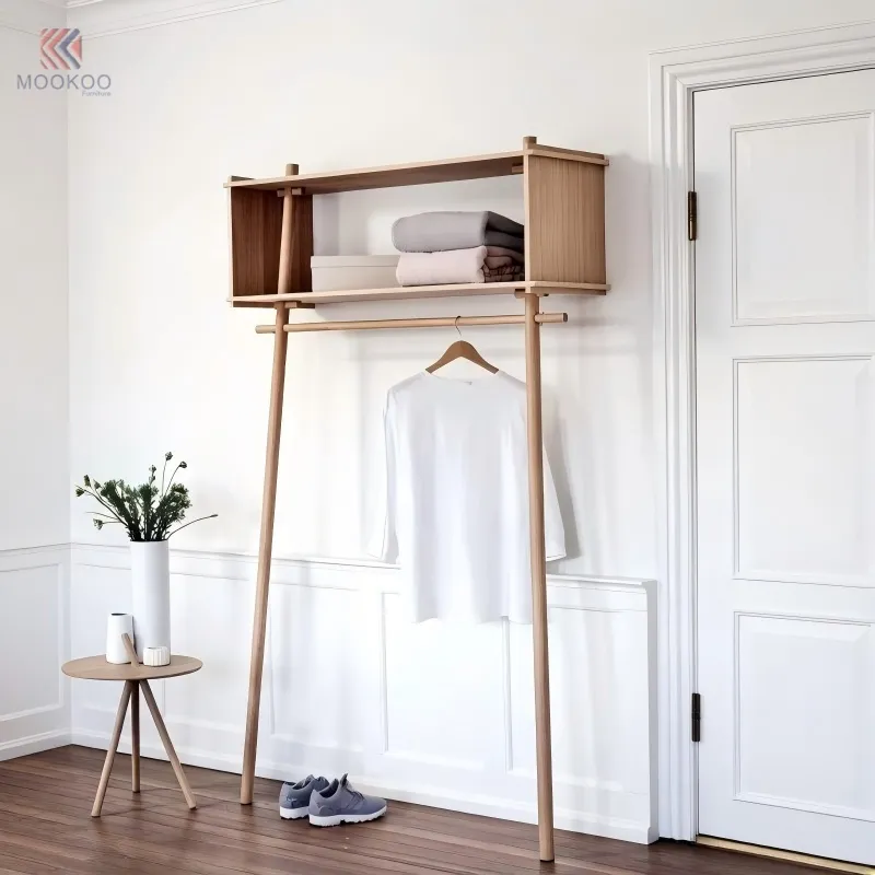 MOOKOO Customized Wood Entryway Coat Rack Top Storage Shelf Free-Standing Hall Tree Hanging Rod Modern