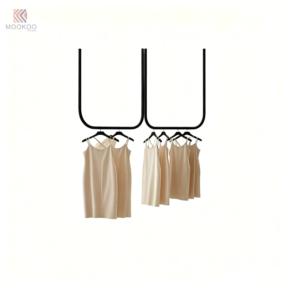 MOOKOO Double Row Floor Garment Rack Heavy Duty Black Metal Clothing Display Stand Bottom Hanging Rail Modern Retail