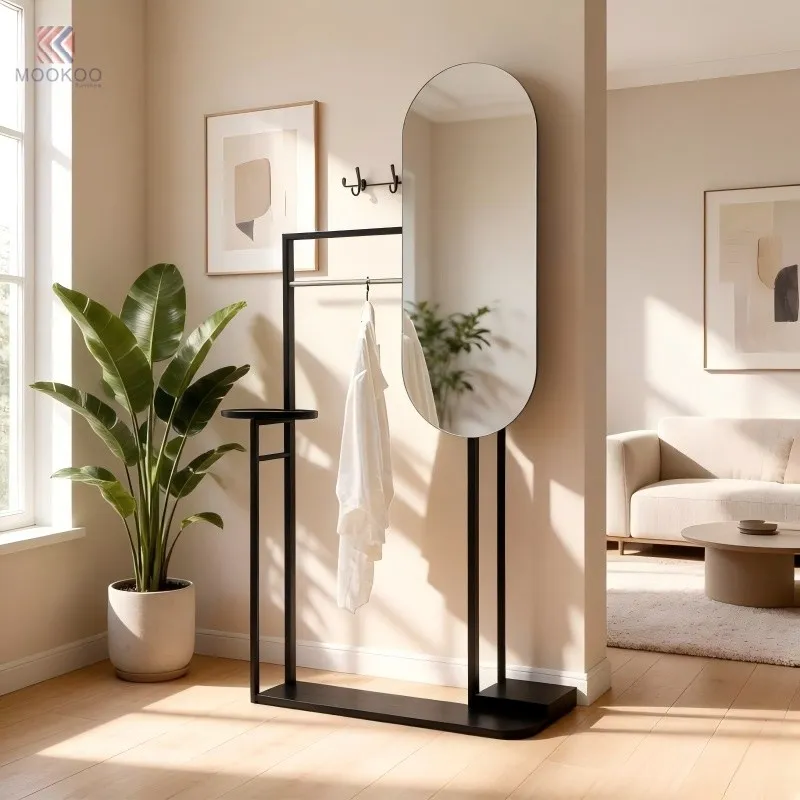 MOOKOO Free Standing Clothing Rack Mirror Side Table Metal Floor Mounted Garment Hanger Modern Entryway Hall Tree Organizer suppliers
