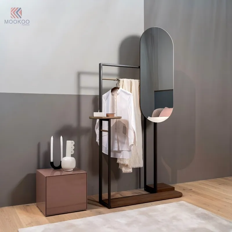 MOOKOO Free Standing Clothing Rack Mirror Side Table Metal Floor Mounted Garment Hanger Modern Entryway Hall Tree Organizer