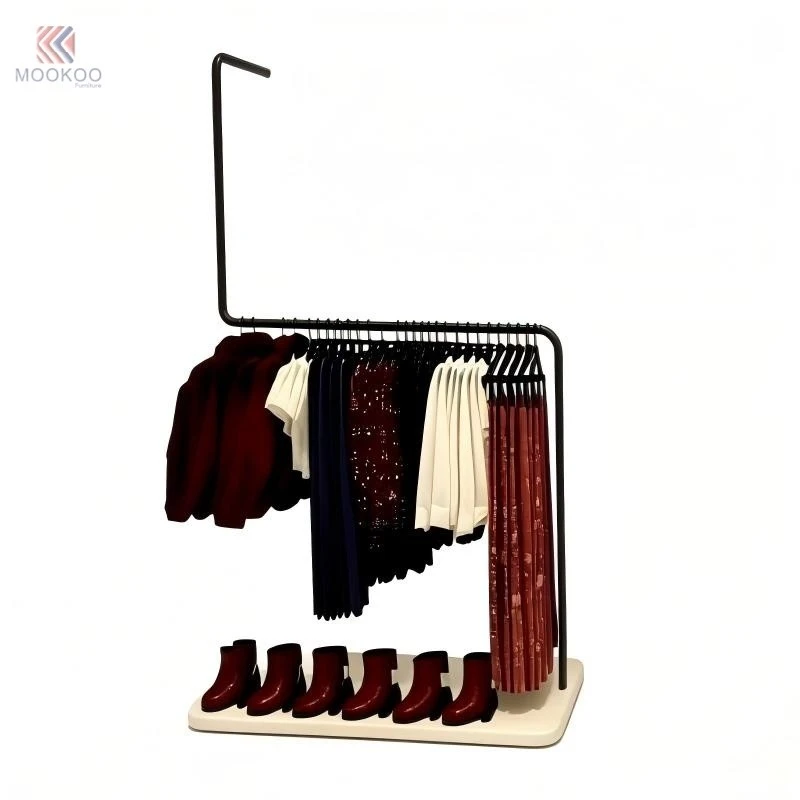 Mookoo Freestanding Metal Clothing Display Rack Side Hanging Rods Shoe Shelf | For Easy Assembly 8mm Thick | Modern Display factory