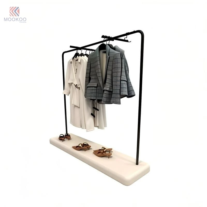 Mookoo Freestanding Metal Rotating Varnish Clothing Display Rack Detachable Easy Assembly Modern Minimalist Retail Garment Stand