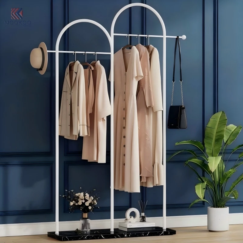 Mookoo French Arched Modern 8mm Thick Metal Clothing Rack Marble Base Freestanding Garment Hanger Side Hooks Entryway