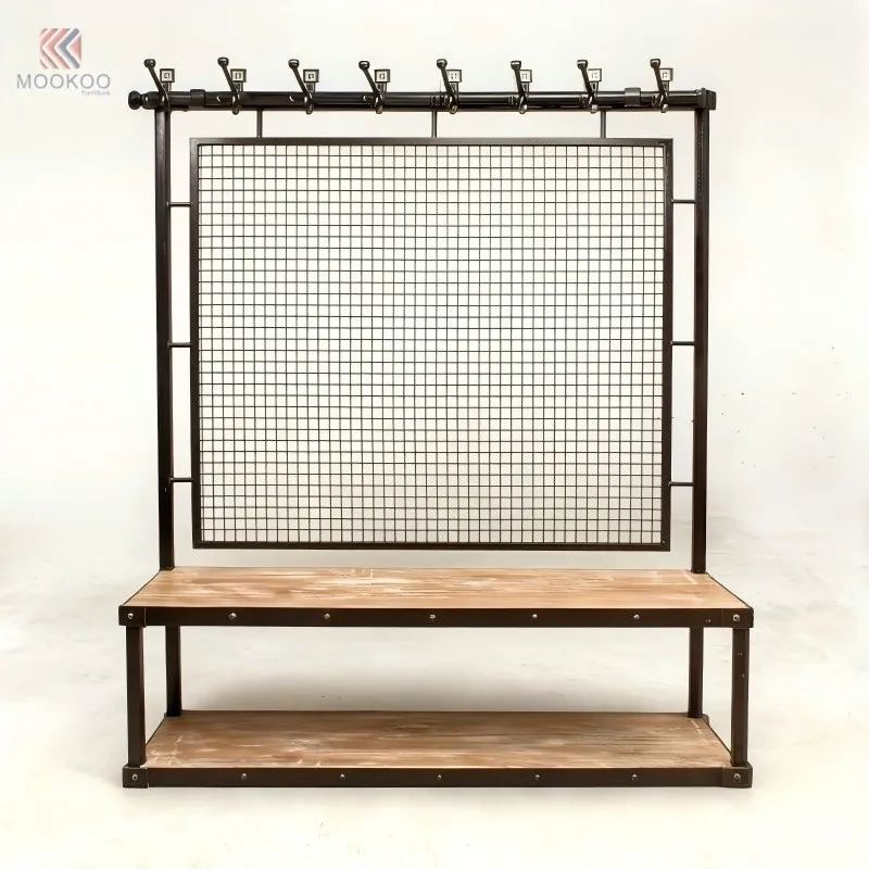 MOOKOO Heavy-Duty Industrial Entryway Bench Metal Mesh Back Panel Multi-Functional Hall Tree Double Hooks Garment Rack Display high quality