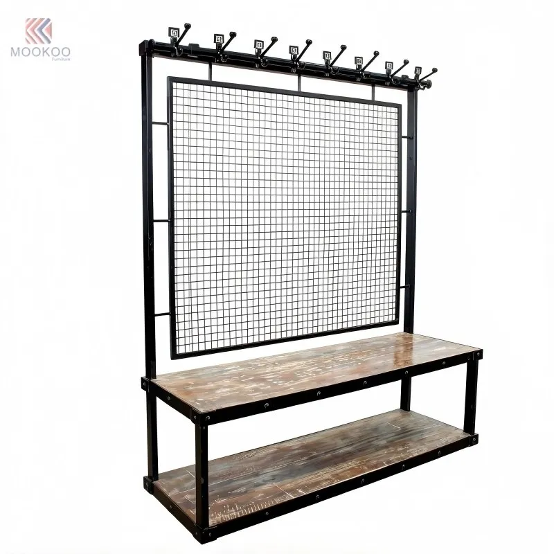 MOOKOO Heavy-Duty Industrial Entryway Bench Metal Mesh Back Panel Multi-Functional Hall Tree Double Hooks Garment Rack Display best