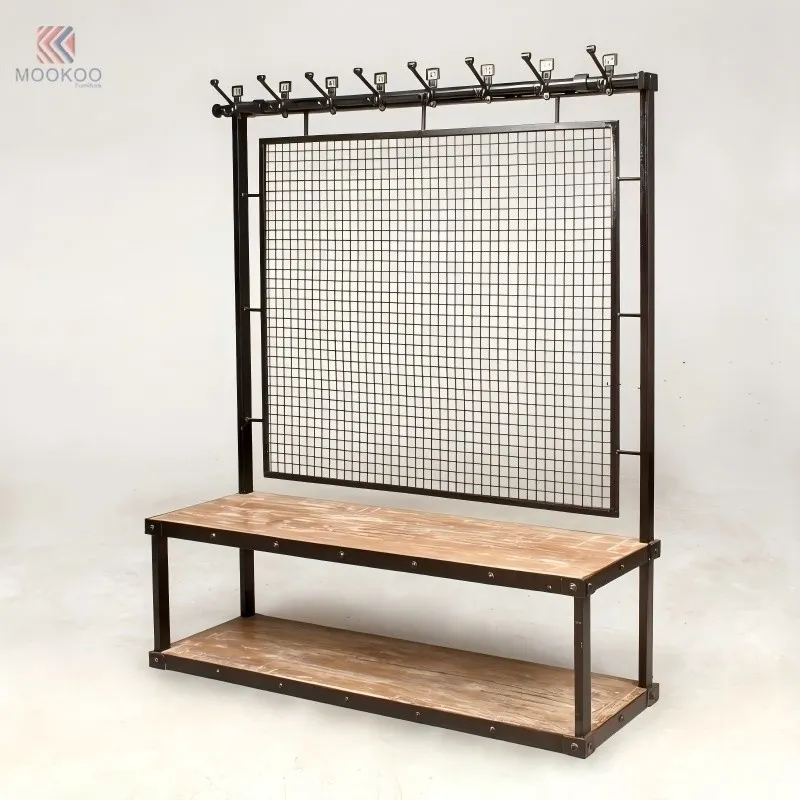 MOOKOO Heavy-Duty Industrial Entryway Bench Metal Mesh Back Panel Multi-Functional Hall Tree Double Hooks Garment Rack Display factory