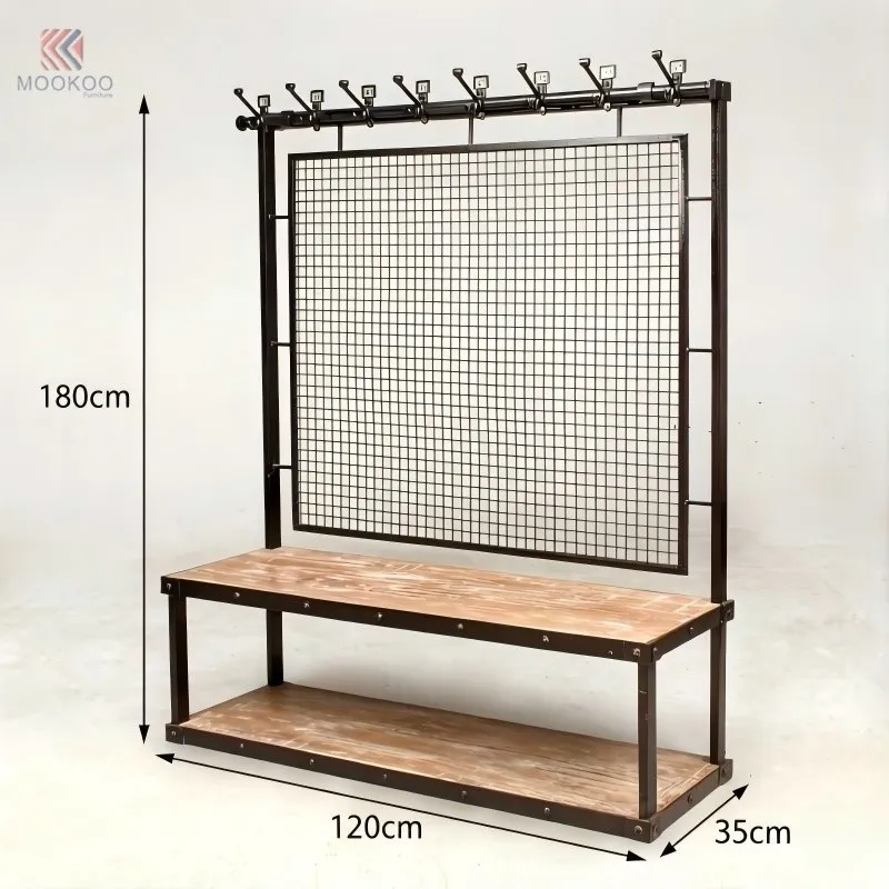 MOOKOO Heavy-Duty Industrial Entryway Bench Metal Mesh Back Panel Multi-Functional Hall Tree Double Hooks Garment Rack Display price