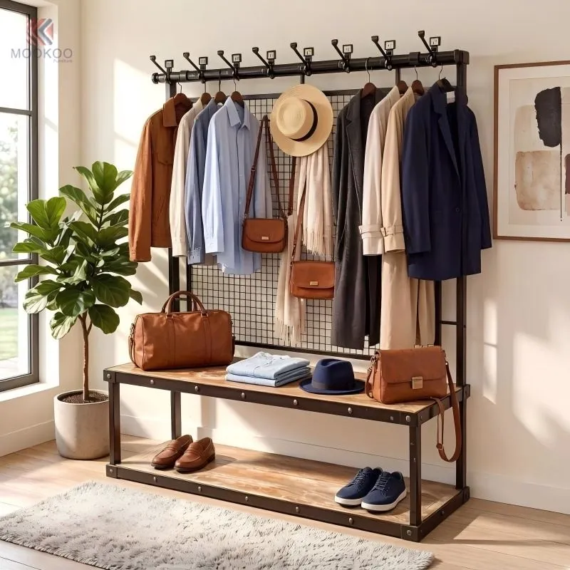 MOOKOO Heavy-Duty Industrial Entryway Bench Metal Mesh Back Panel Multi-Functional Hall Tree Double Hooks Garment Rack Display