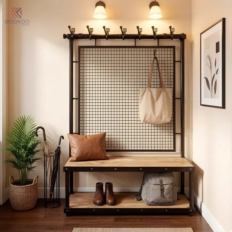 MOOKOO Heavy-Duty Industrial Entryway Bench Metal Mesh Back Panel Multi-Functional Hall Tree Double Hooks Garment Rack Display suppliers