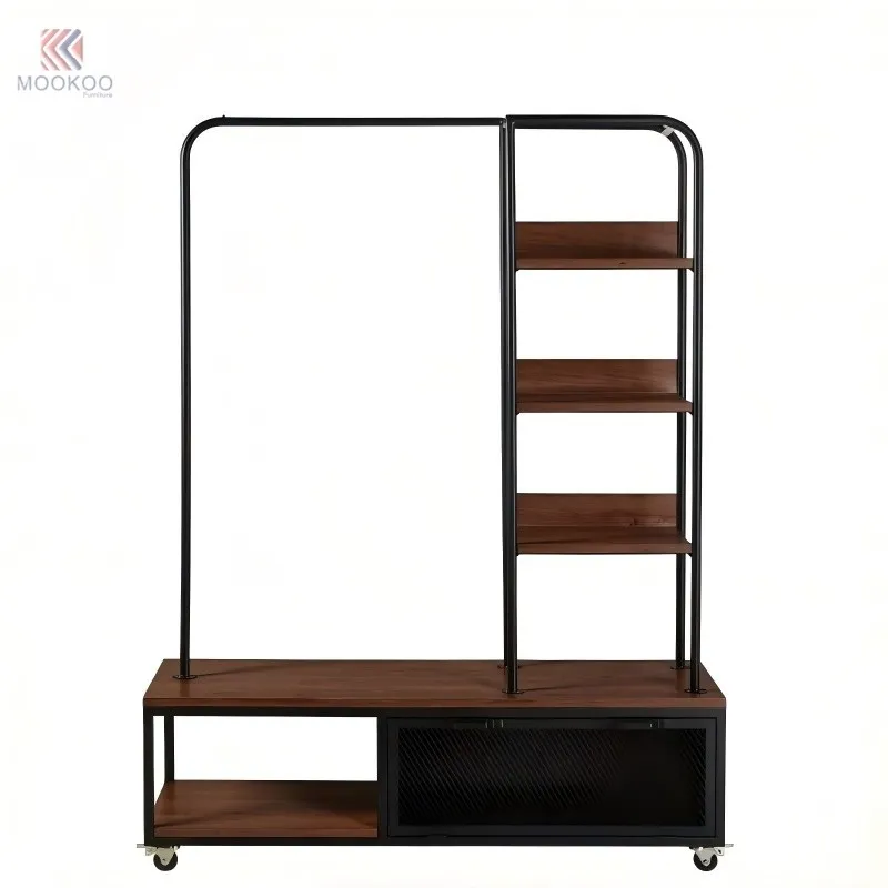 MOOKOO Industrial Metal Rotating Varnish Clothing Rack Shelves Wheeled Storage Cabinet Heavy Duty Boutique Store Home high quality