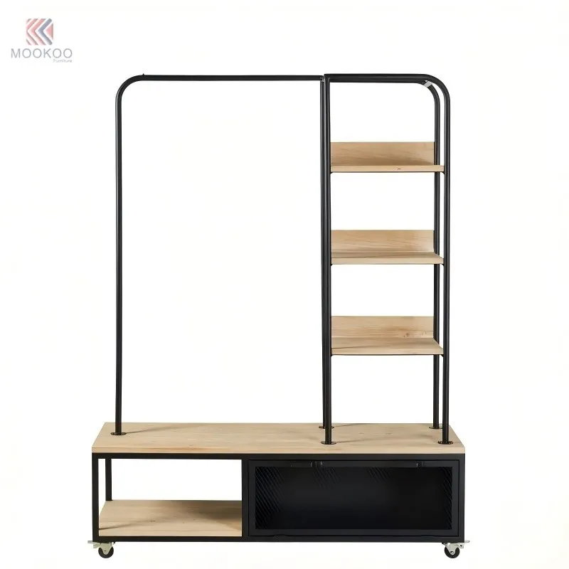 MOOKOO Industrial Metal Rotating Varnish Clothing Rack Shelves Wheeled Storage Cabinet Heavy Duty Boutique Store Home suppliers