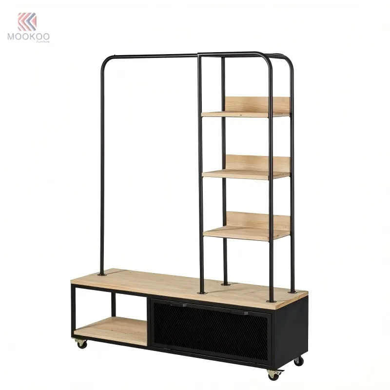 MOOKOO Industrial Metal Rotating Varnish Clothing Rack Shelves Wheeled Storage Cabinet Heavy Duty Boutique Store Home