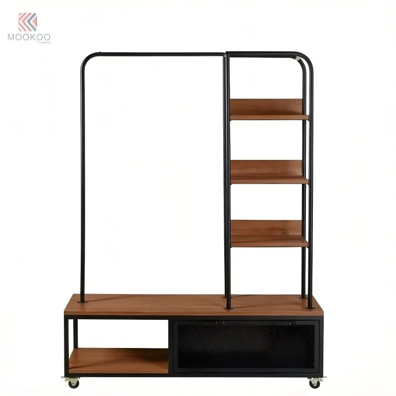 MOOKOO Industrial Metal Rotating Varnish Clothing Rack Shelves Wheeled Storage Cabinet Heavy Duty Boutique Store Home best