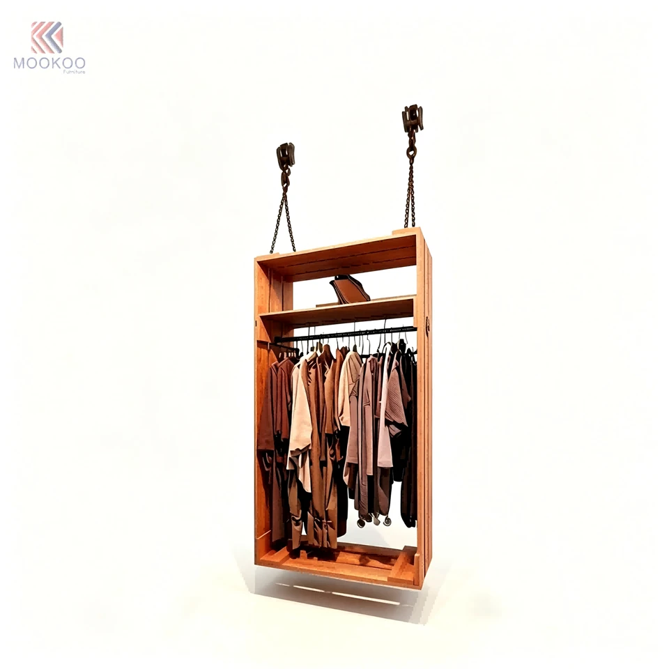 MOOKOO Industrial Modern Clothing Display Racks Heavy Duty Freestanding Garment Rails Floor Shelving Units Pulley System best