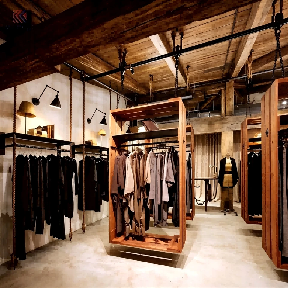 MOOKOO Industrial Modern Clothing Display Racks Heavy Duty Freestanding Garment Rails Floor Shelving Units Pulley System
