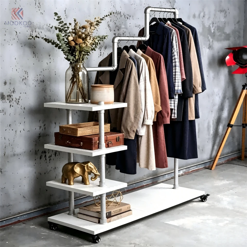 MOOKOO Industrial Stainless Steel Clothing Rack 1-Tier Shelves Caster Wheels Modern For Garment Organizer Hanger Side suppliers