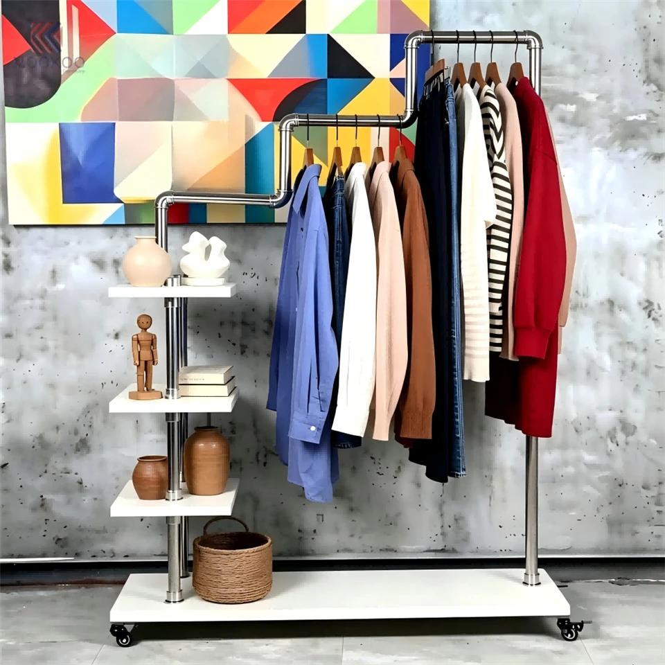 MOOKOO Industrial Stainless Steel Clothing Rack 1-Tier Shelves Caster Wheels Modern For Garment Organizer Hanger Side