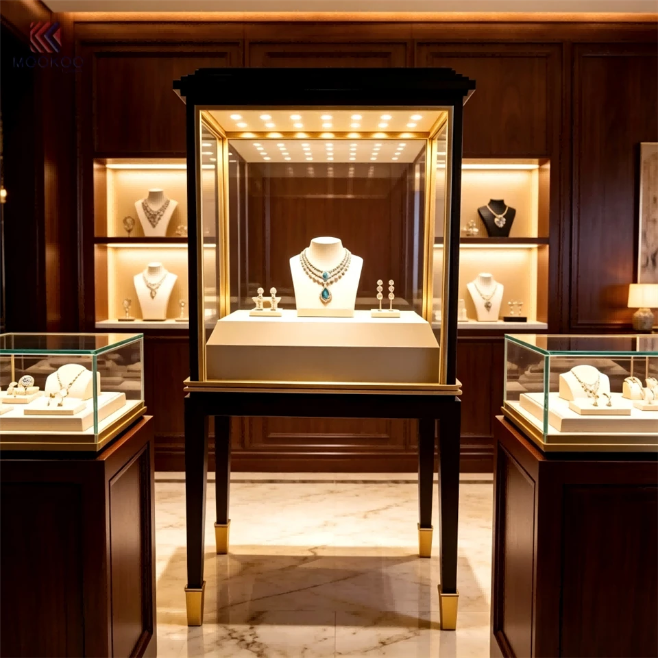 MOOKOO Light Luxury Black Varnished Modern Display Cabinet Glass Door Golden Trim Countertop LED Jewelry For Velvet price