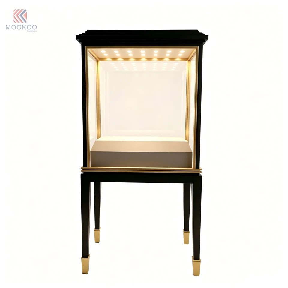 MOOKOO Light Luxury Black Varnished Modern Display Cabinet Glass Door Golden Trim Countertop LED Jewelry For Velvet
