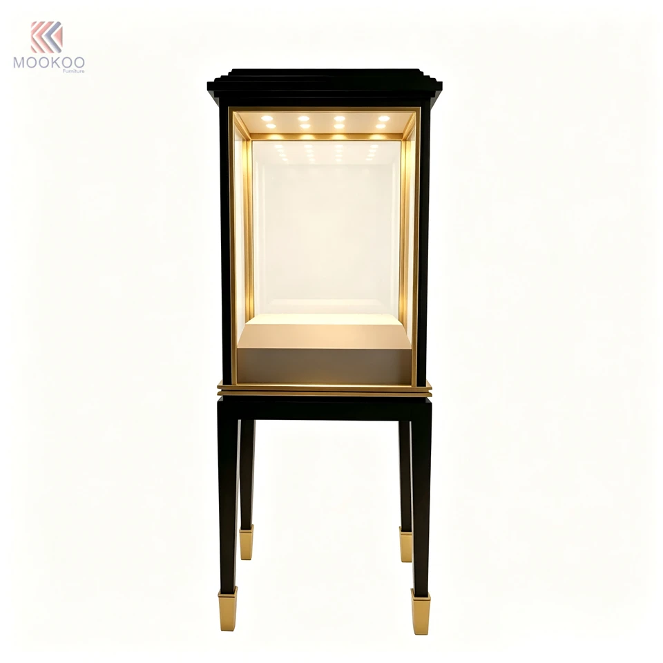 MOOKOO Light Luxury Black Varnished Modern Display Cabinet Glass Door Golden Trim Countertop LED Jewelry For Velvet factory