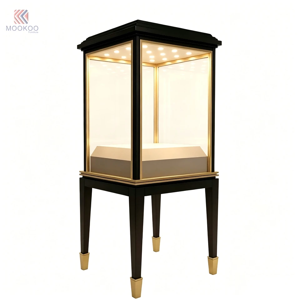 MOOKOO Light Luxury Black Varnished Modern Display Cabinet Glass Door Golden Trim Countertop LED Jewelry For Velvet suppliers