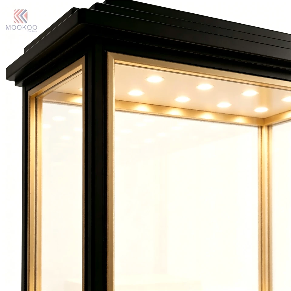 MOOKOO Light Luxury Black Varnished Modern Display Cabinet Glass Door Golden Trim Countertop LED Jewelry For Velvet best