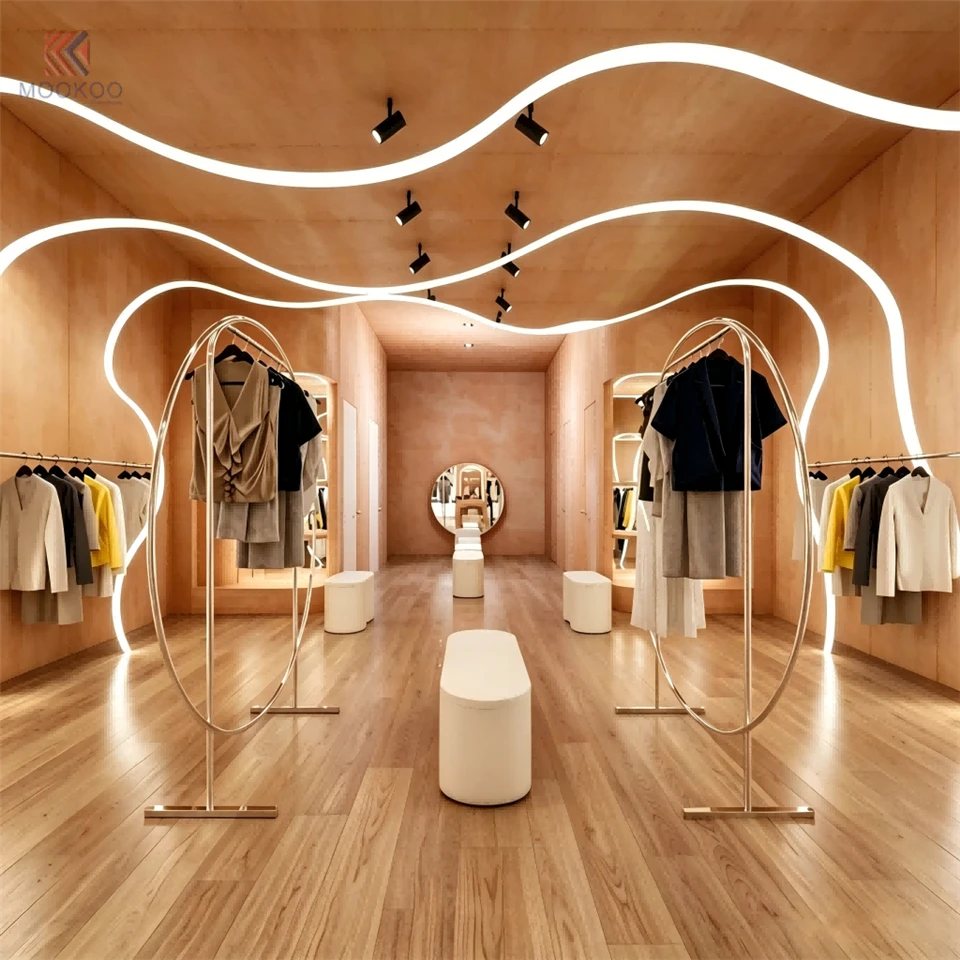 MOOKOO Luxury Stainless Steel Oval Clothing Display Stand Ellipse Shaped Garment Rack Rotating High End Retail Store Minimalist suppliers