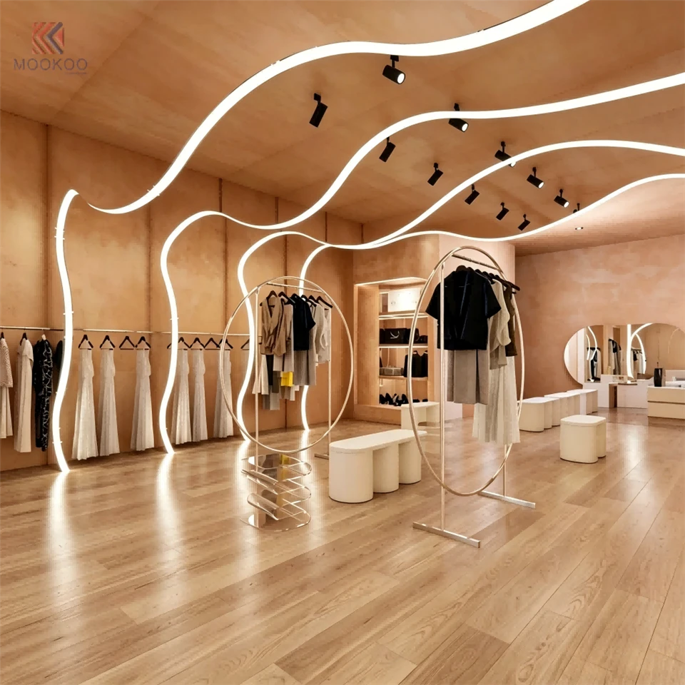 MOOKOO Luxury Stainless Steel Oval Clothing Display Stand Ellipse Shaped Garment Rack Rotating High End Retail Store Minimalist factory