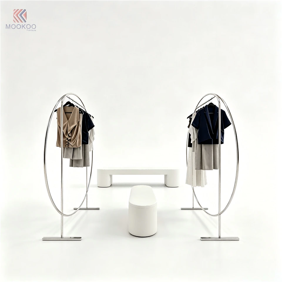 MOOKOO Luxury Stainless Steel Oval Clothing Display Stand Ellipse Shaped Garment Rack Rotating High End Retail Store Minimalist