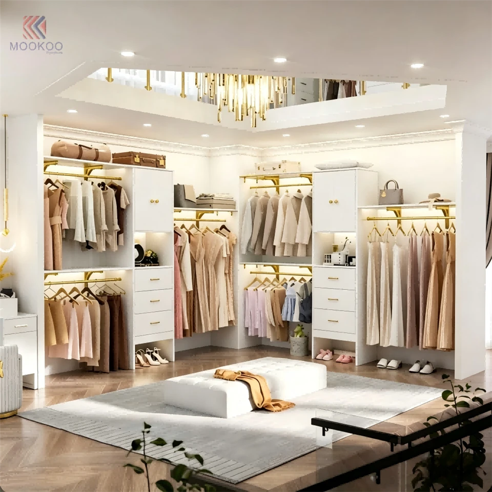 MOOKOO Luxury Walk-in Closet LED Lighting Modern Dressing Room Hanging Rods Drawers Freestanding suppliers