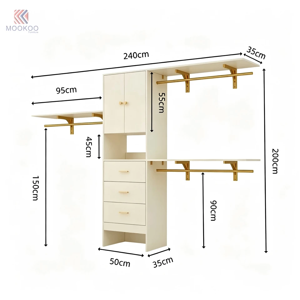MOOKOO Luxury Walk-in Closet LED Lighting Modern Dressing Room Hanging Rods Drawers Freestanding price