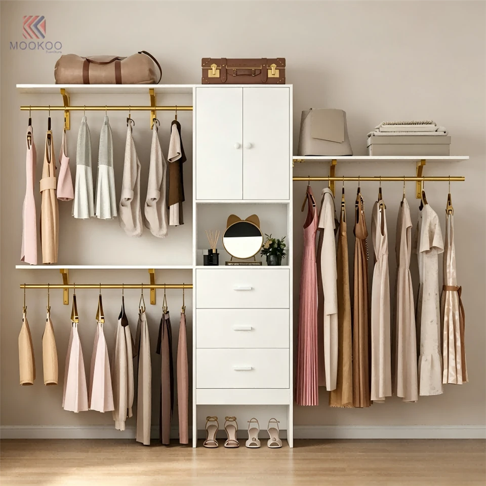 MOOKOO Luxury Walk-in Closet LED Lighting Modern Dressing Room Hanging Rods Drawers Freestanding factory