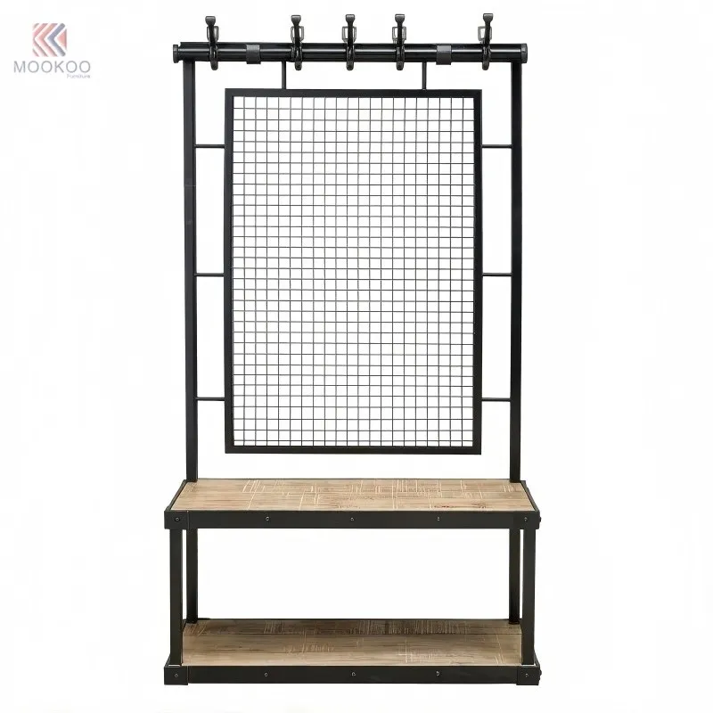 MOOKOO Modern Black Iron Metal Hall Tree Set Freestanding Locker Grid Board Bottom Shelf Heavy-Duty Changing Room Bench Hanging factory