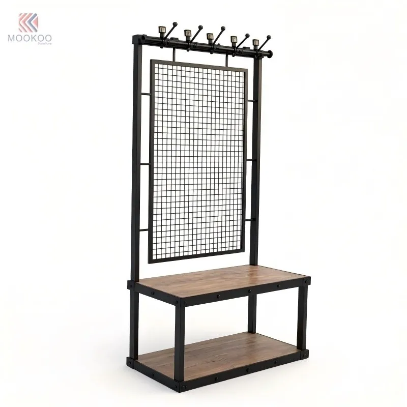 MOOKOO Modern Black Iron Metal Hall Tree Set Freestanding Locker Grid Board Bottom Shelf Heavy-Duty Changing Room Bench Hanging high quality