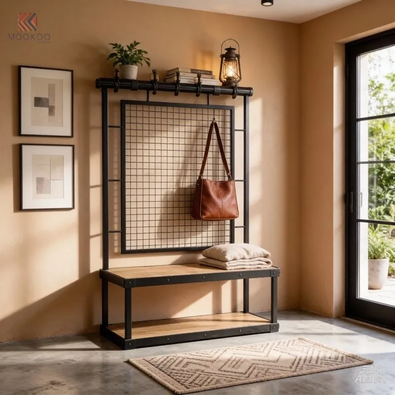 MOOKOO Modern Black Iron Metal Hall Tree Set Freestanding Locker Grid Board Bottom Shelf Heavy-Duty Changing Room Bench Hanging