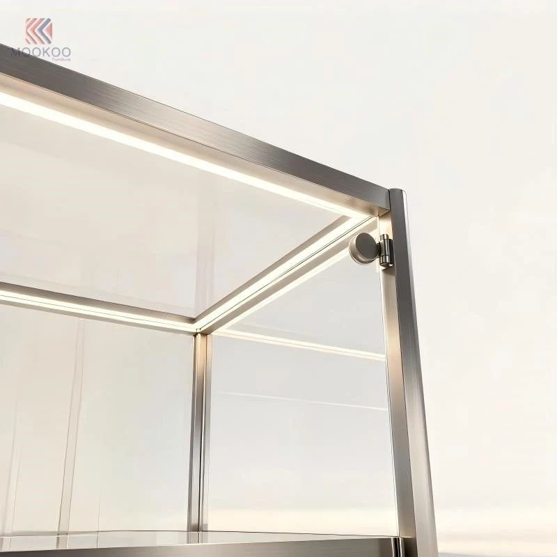 MOOKOO Modern Freestanding Aluminum Alloy Trophy Display Cabinet With Glass Shelves LED Lighting Lockable Drawer Easy Assembly price