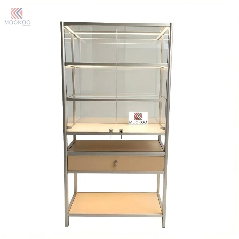 MOOKOO Modern Freestanding Aluminum Alloy Trophy Display Cabinet With Glass Shelves LED Lighting Lockable Drawer Easy Assembly