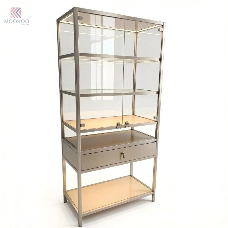 MOOKOO Modern Freestanding Aluminum Alloy Trophy Display Cabinet With Glass Shelves LED Lighting Lockable Drawer Easy Assembly factory