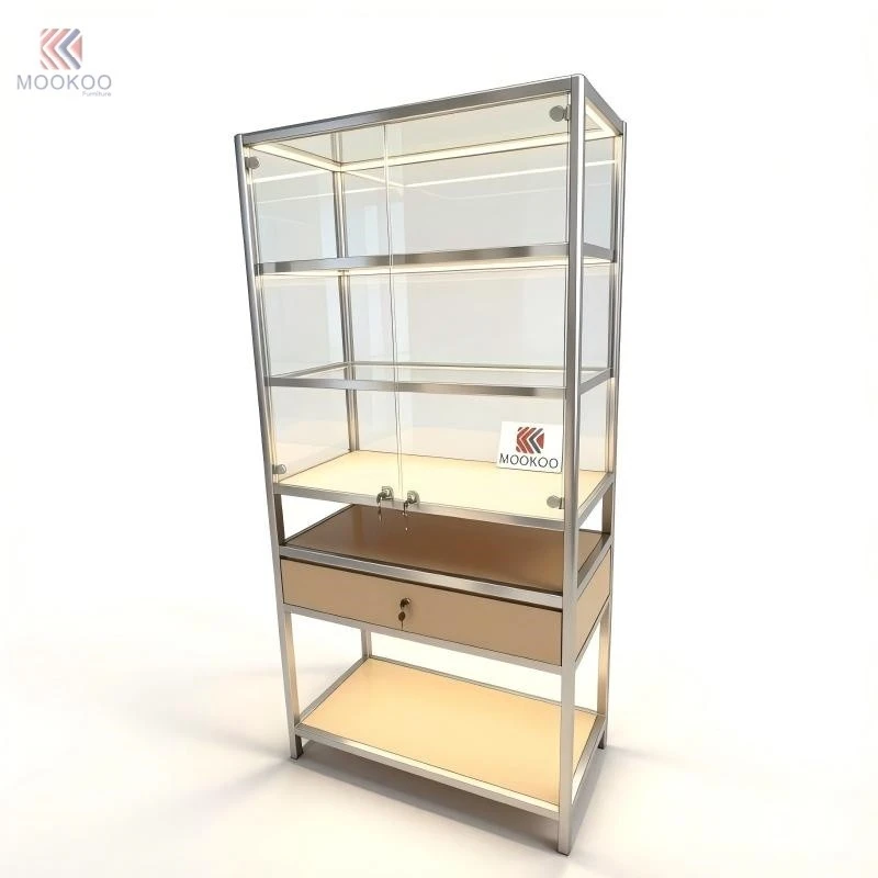 MOOKOO Modern Freestanding Aluminum Alloy Trophy Display Cabinet With Glass Shelves LED Lighting Lockable Drawer Easy Assembly suppliers