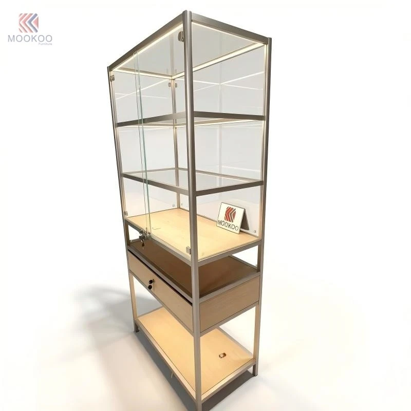 MOOKOO Modern Freestanding Aluminum Alloy Trophy Display Cabinet With Glass Shelves LED Lighting Lockable Drawer Easy Assembly best