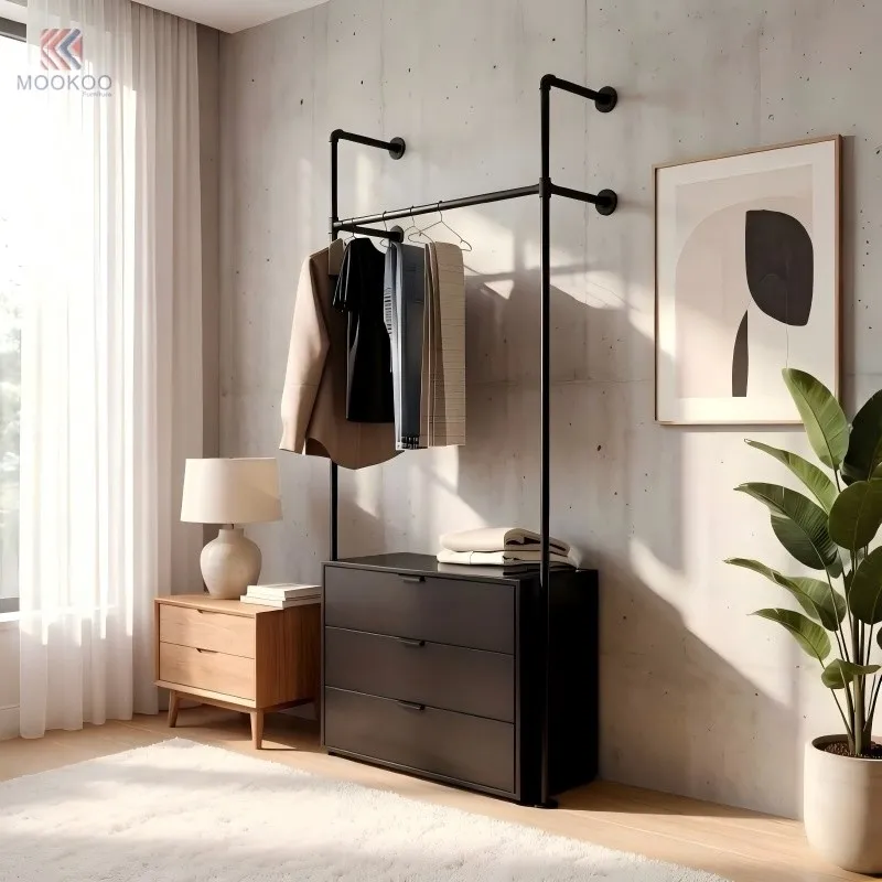 MOOKOO Modern Freestanding Clothing Display Rack Black Metal Varnish Finish Garment Rack Storage Cabinet For Bedroom suppliers