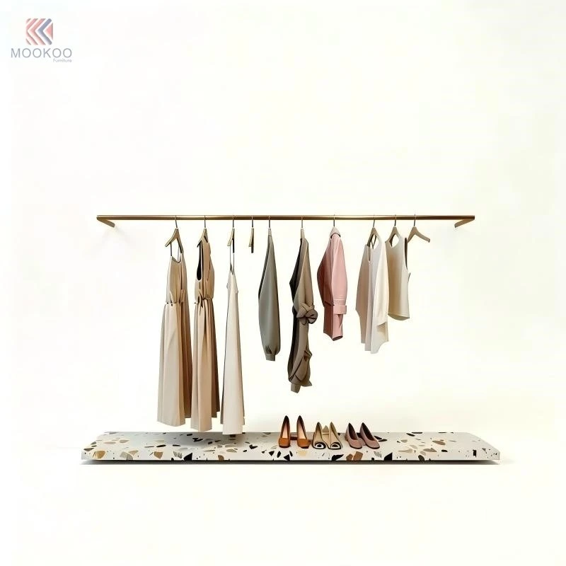Mossoro Modern Clothing Display Rack Terrazzo Base Brass Metal Garment Hanger Stand Full Length Mirror Shoe Bench LED Lighting factory