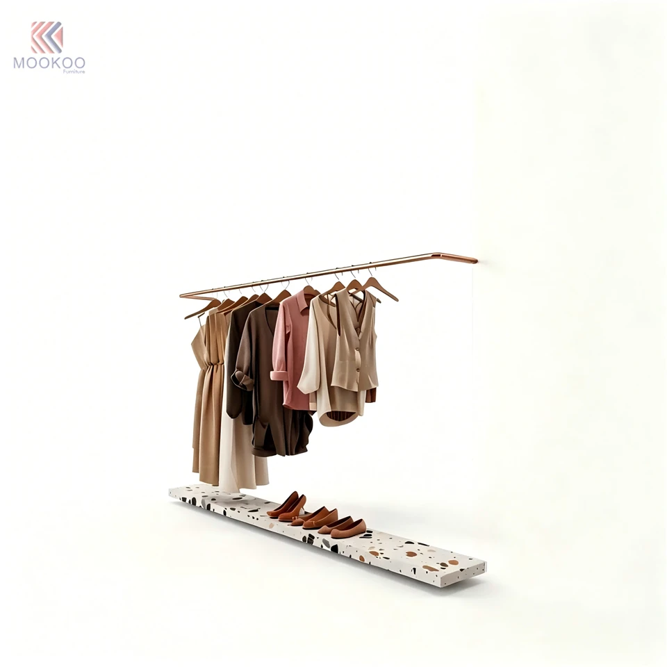 Mossoro Modern Clothing Display Rack Terrazzo Base Brass Metal Garment Hanger Stand Full Length Mirror Shoe Bench LED Lighting best