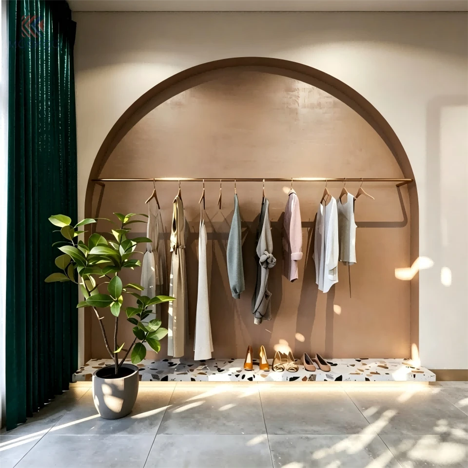 Mossoro Modern Clothing Display Rack Terrazzo Base Brass Metal Garment Hanger Stand Full Length Mirror Shoe Bench LED Lighting suppliers