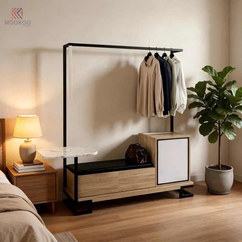 Multi-functional Entryway Storage Bench Rack Metal Wood Console Table Hanging Rod Modern Hall Tree Barrister Shelf