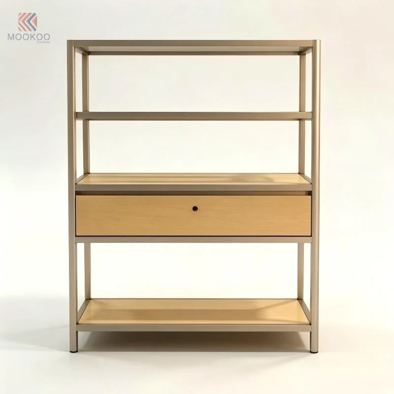 Nordic Stainless Steel Bookcase With Wooden Drawer And Display Shelves For Retail Store