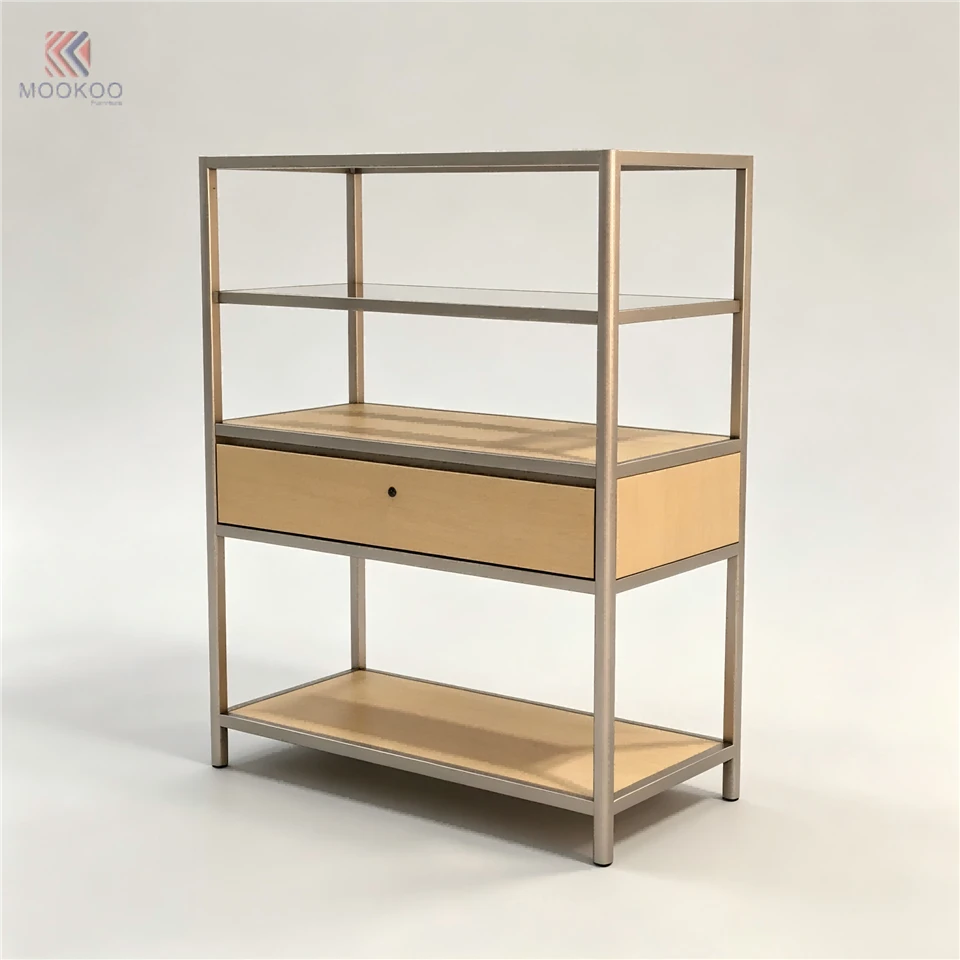 Nordic Stainless Steel Bookcase With Wooden Drawer And Display Shelves For Retail Store suppliers