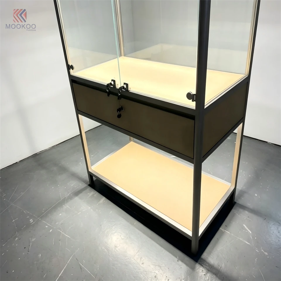 Nordic Stainless Steel Bookcase With Wooden Drawer And Display Shelves For Retail Store high quality