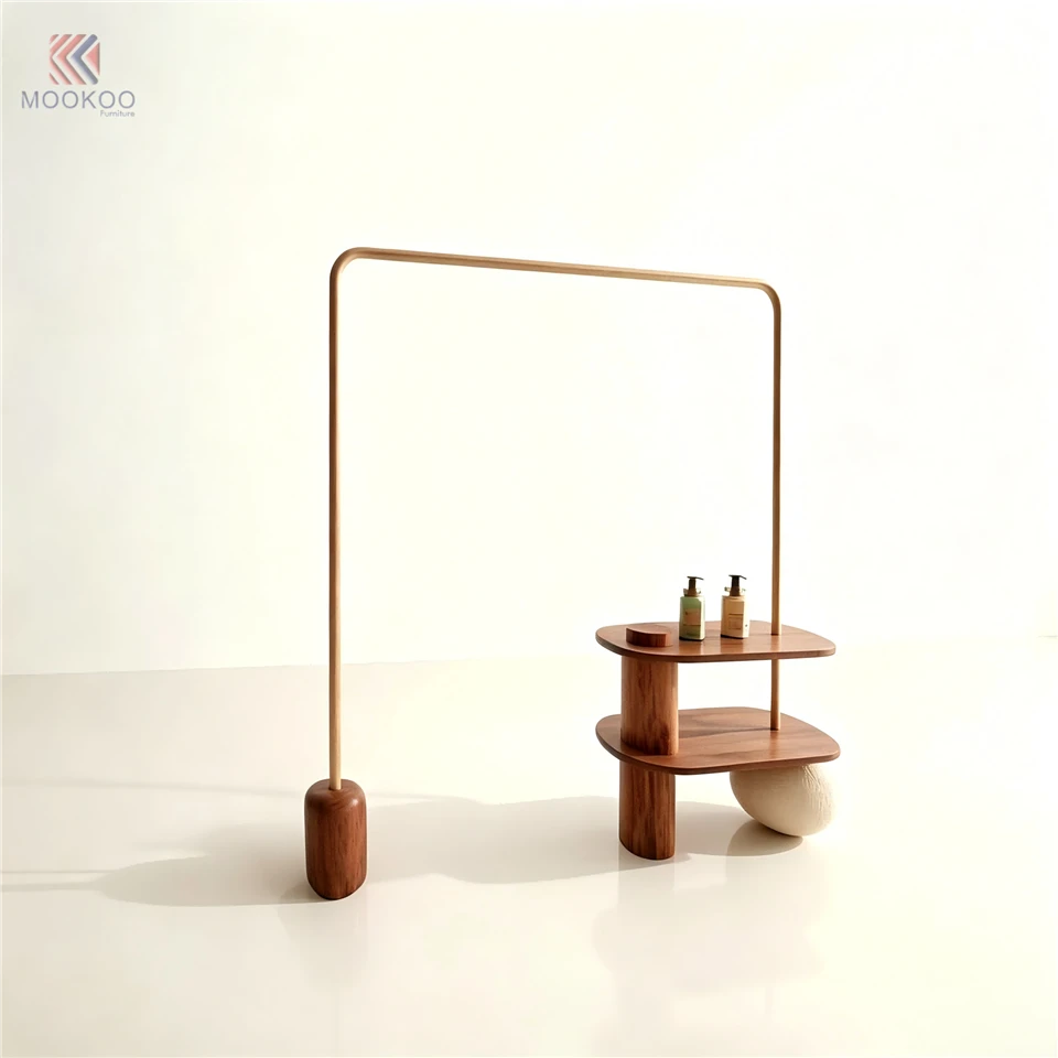 Retail Rotating Modern Double-Sided Clothing Display Rack Polished Metal Side Shelves Garment Hanger Stand For Boutique Store suppliers